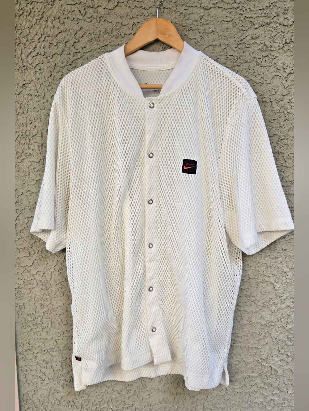 Nike White Mesh Snap-Front Short Sleeve Shirt with Black/Red Logo